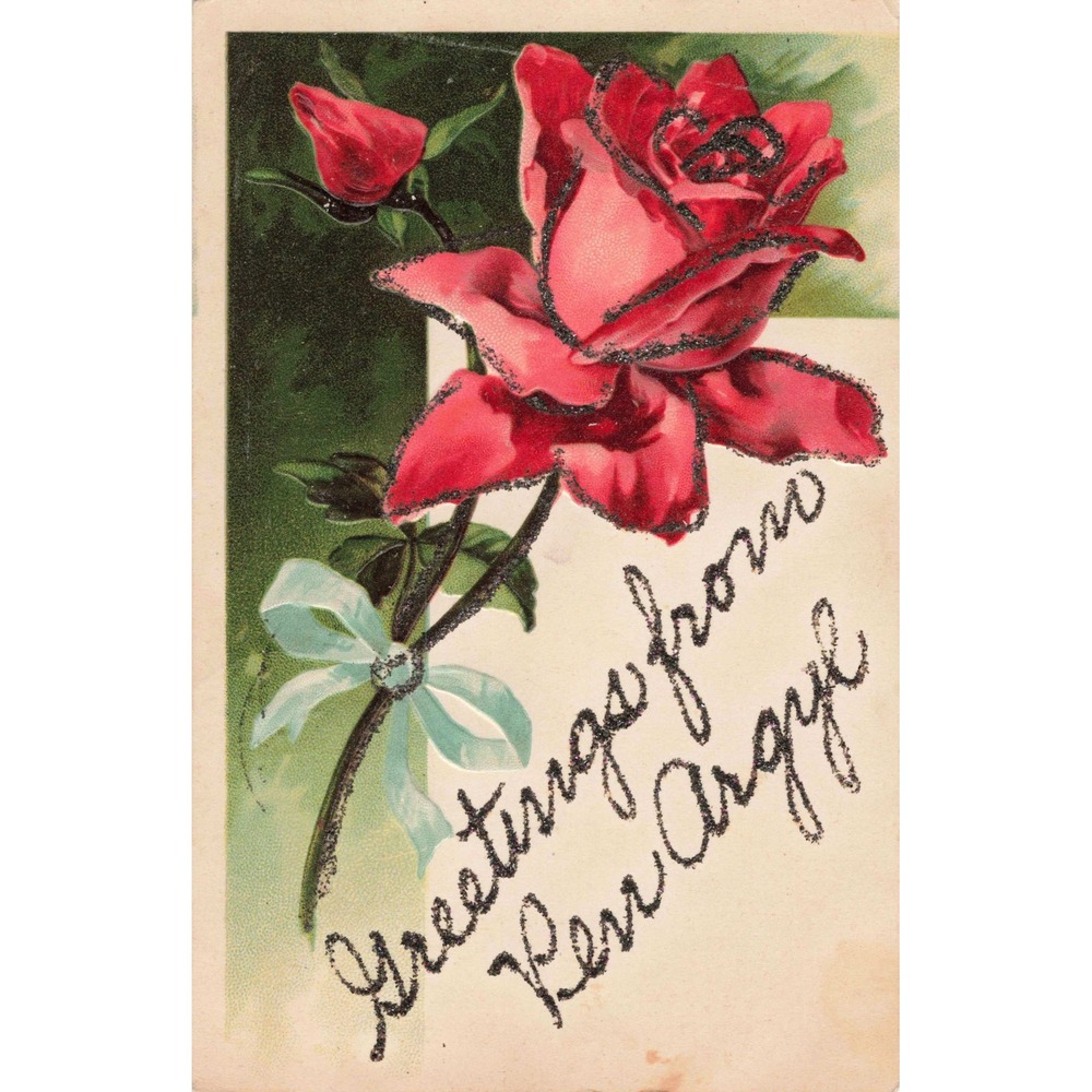 Pen Argyl Pennsylvania PA Greetings From Embossed Glitter Postcard Red Rose Vtg - Picture 1 of 2